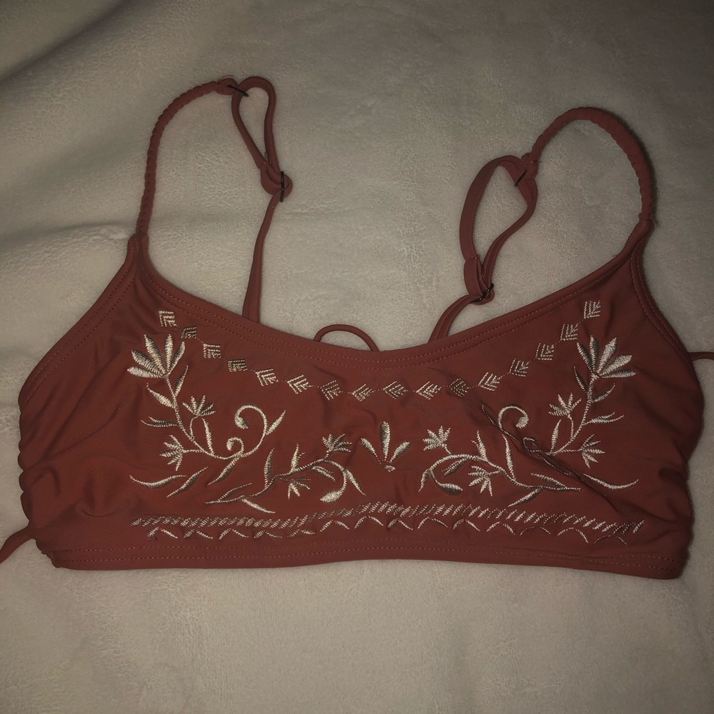 pink floral embroidery bikini top
